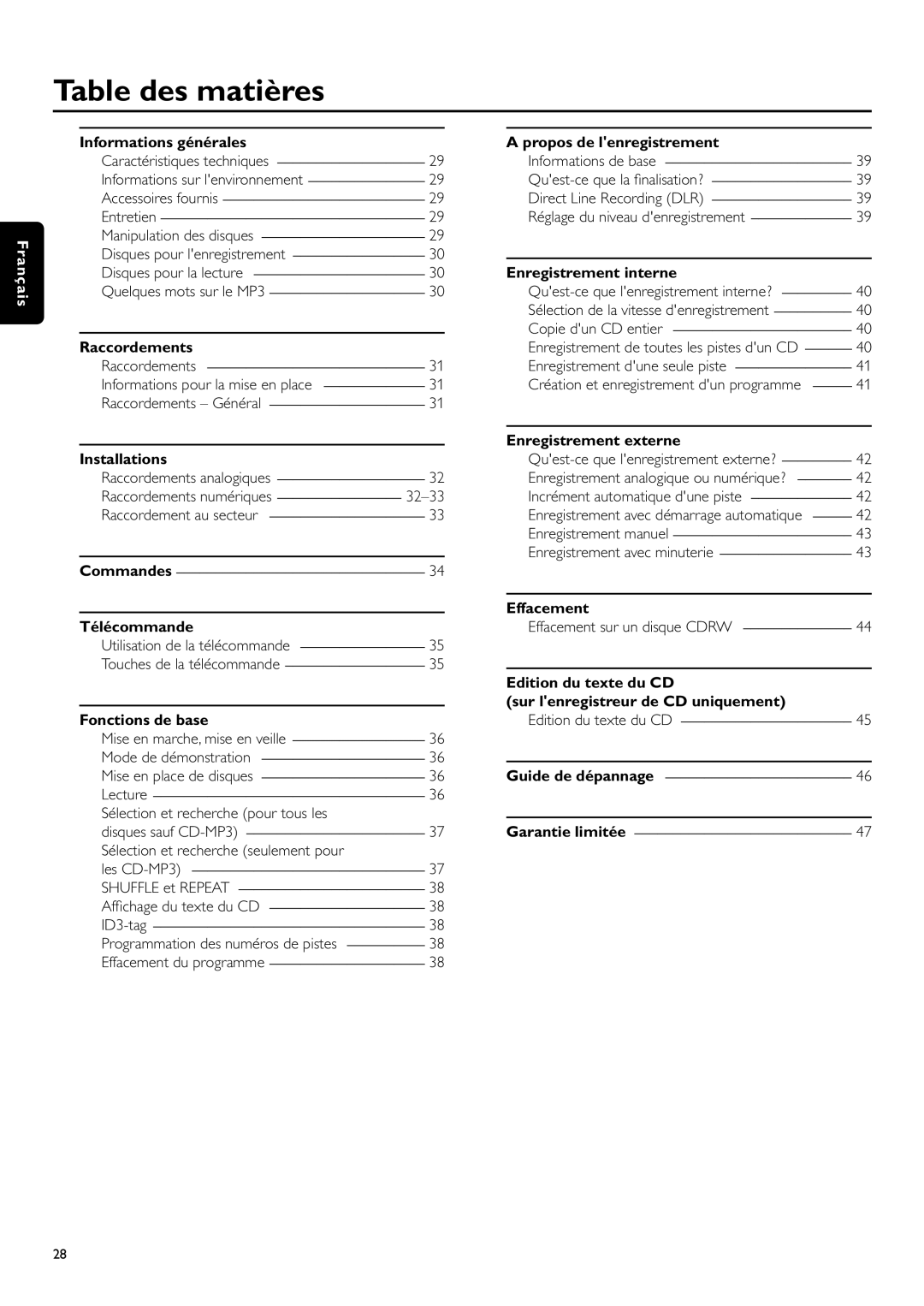 Philips CDR-795 manual Table des matières 