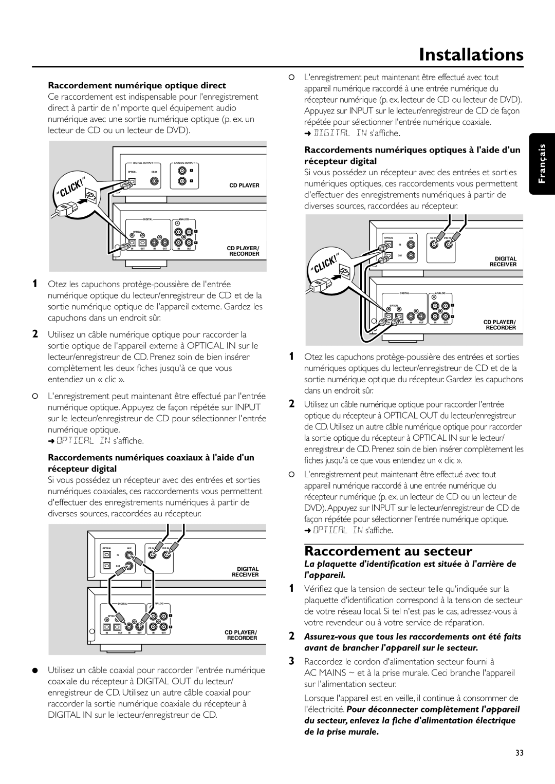 Philips CDR-795 manual Raccordement au secteur, Raccordement numérique optique direct 