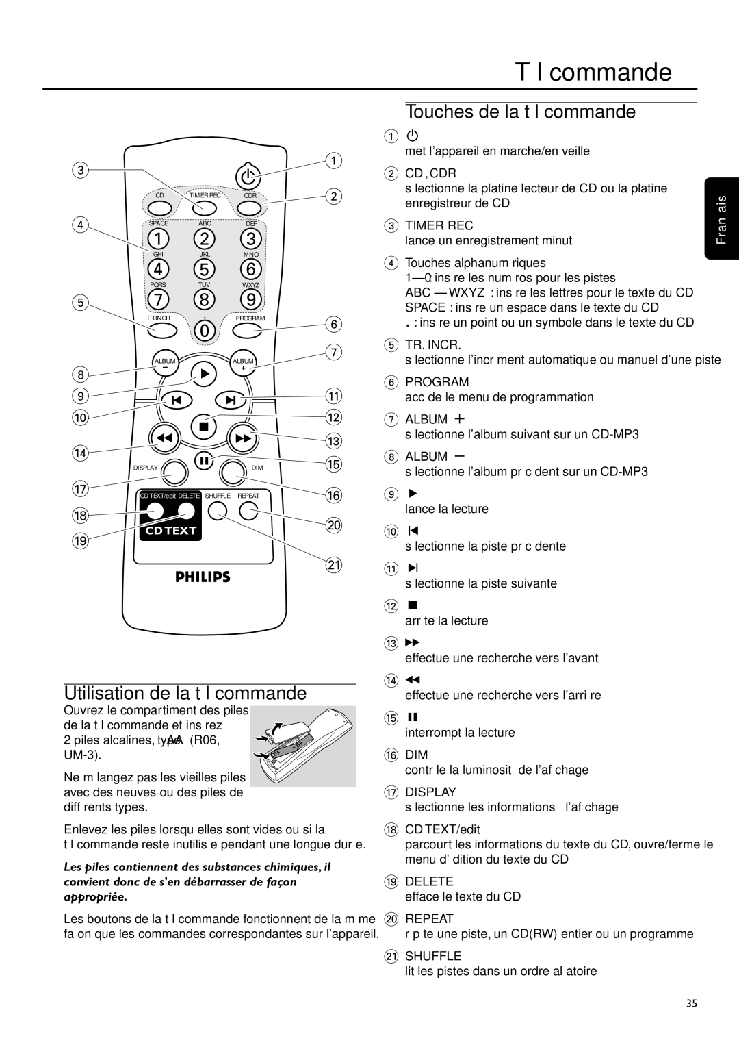 Philips CDR-795 manual Télécommande, Touches de la télécommande, Utilisation de la télécommande, Appropriée 