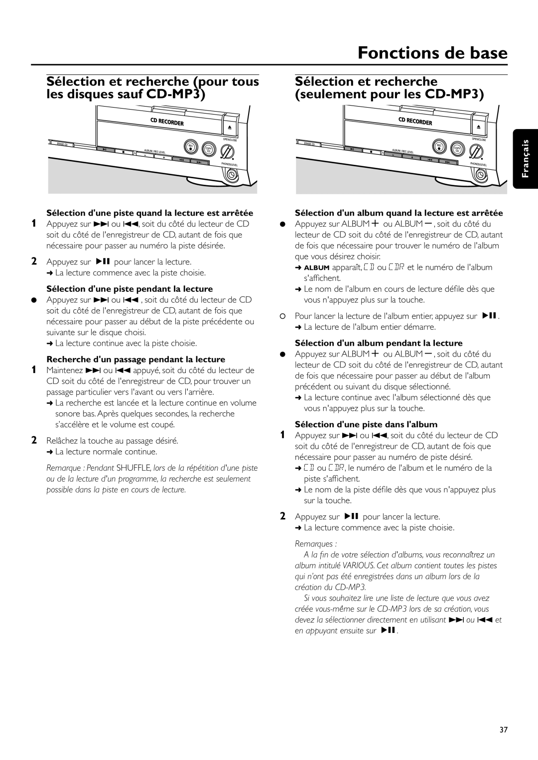 Philips CDR-795 manual Sélection dune piste quand la lecture est arrêtée, Sélection dune piste pendant la lecture 