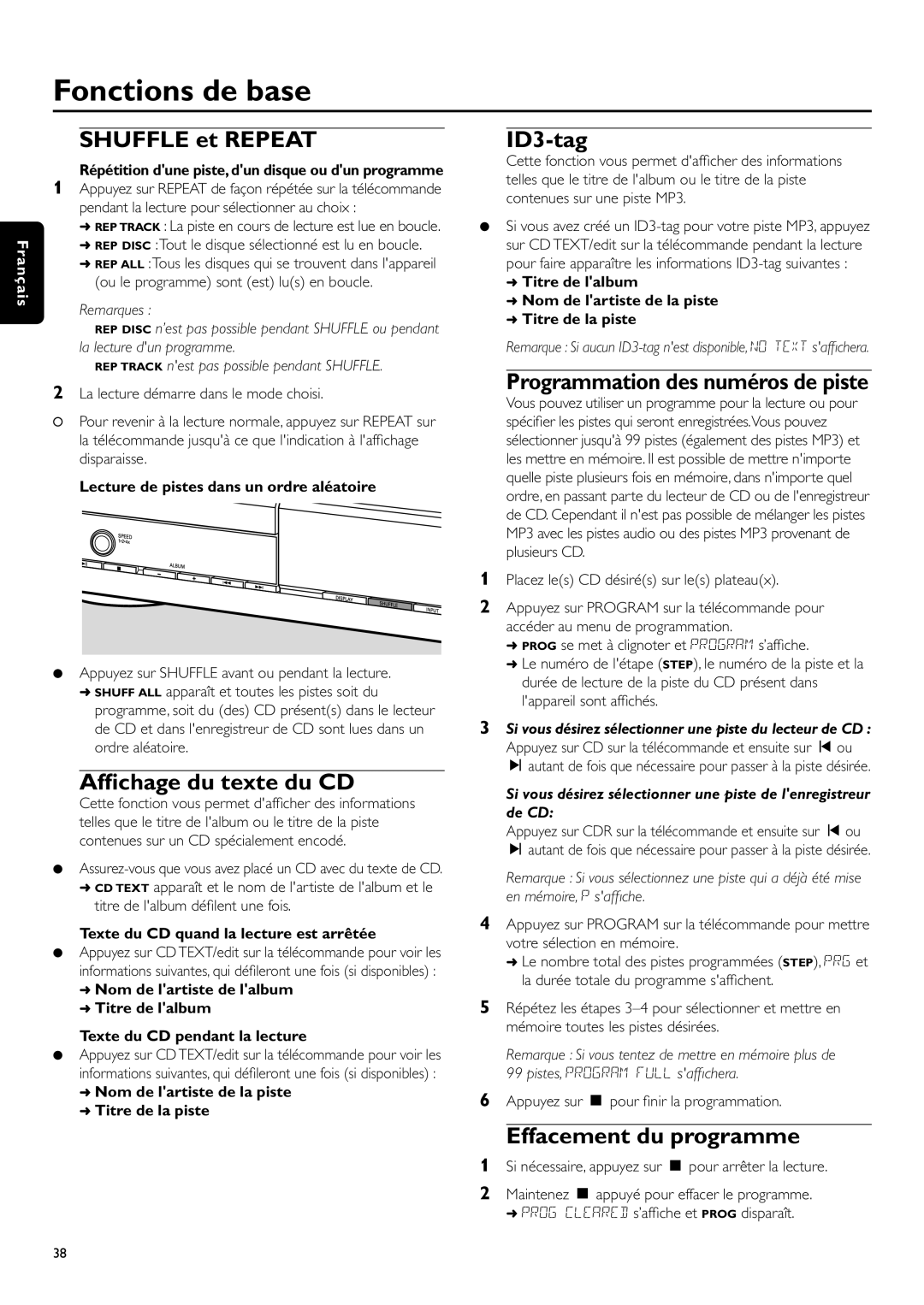 Philips CDR-795 manual Shuffle et Repeat, Afﬁchage du texte du CD 