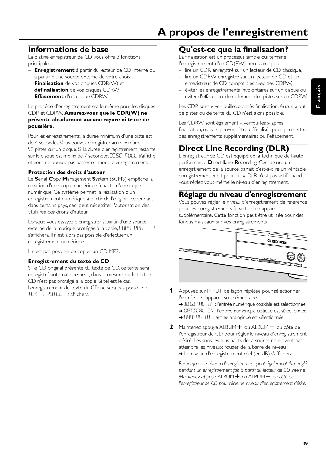 Philips CDR-795 manual Propos de lenregistrement, Informations de base, Quest-ce que la ﬁnalisation? 