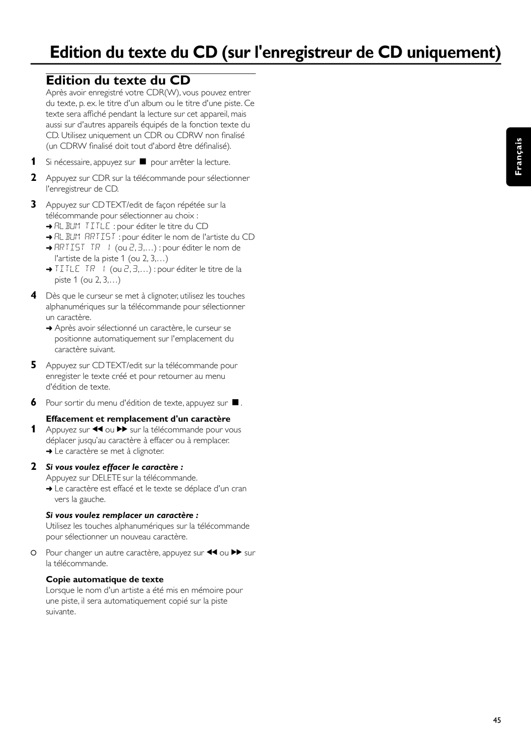 Philips CDR-795 manual Edition du texte du CD, Effacement et remplacement dun caractère, Le caractère se met à clignoter 