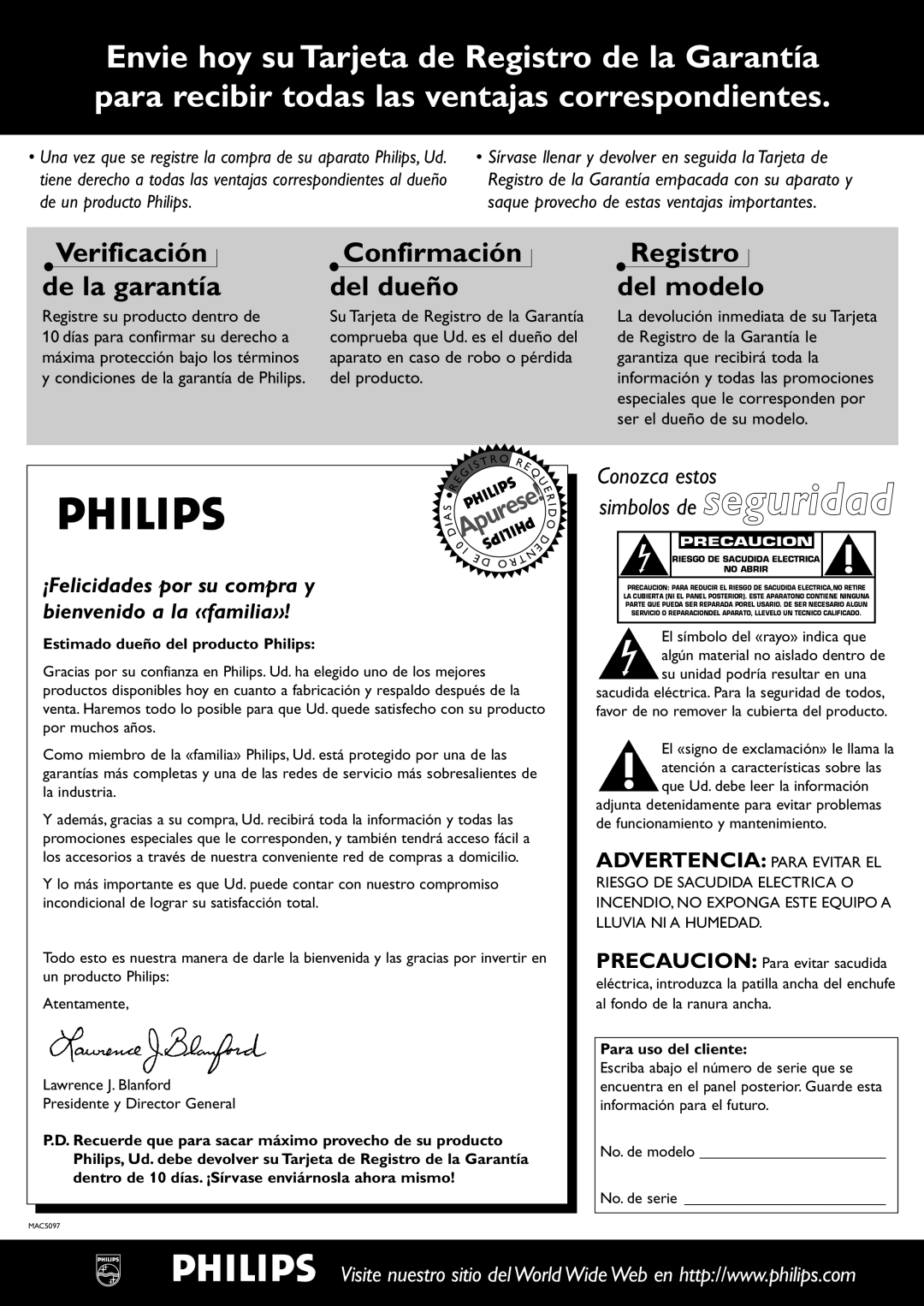 Philips CDR-795 manual Estimado dueño del producto Philips, Para uso del cliente 