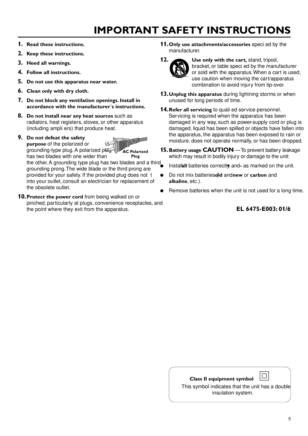 Philips CDR-795 manual Important Safety Instructions, Class II equipment symbol 