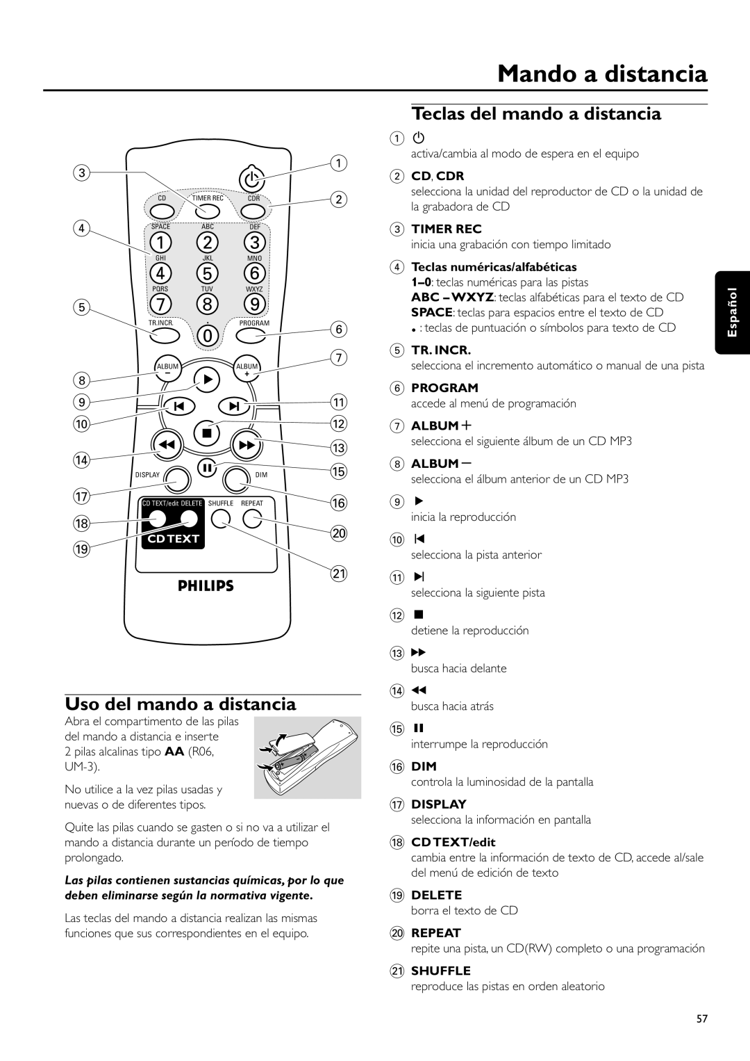 Philips CDR-795 manual Mando a distancia, Teclas del mando a distancia, Uso del mando a distancia 