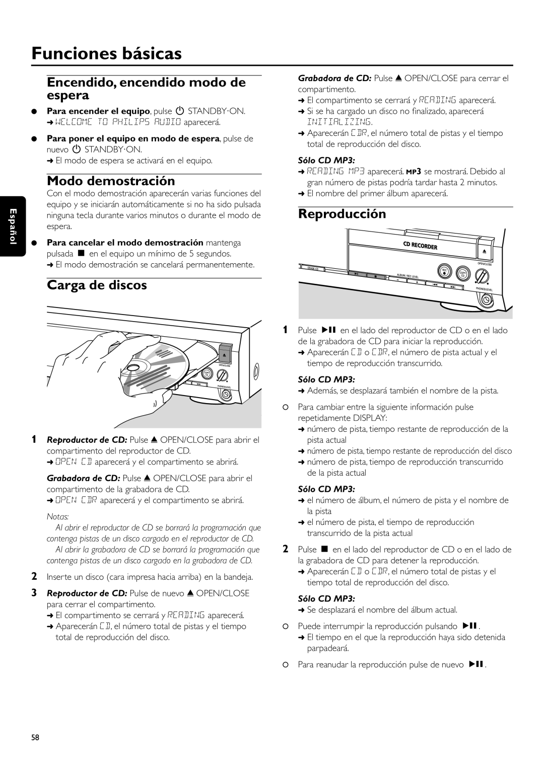 Philips CDR-795 Funciones básicas, Encendido, encendido modo de espera, Modo demostración, Carga de discos, Reproducción 