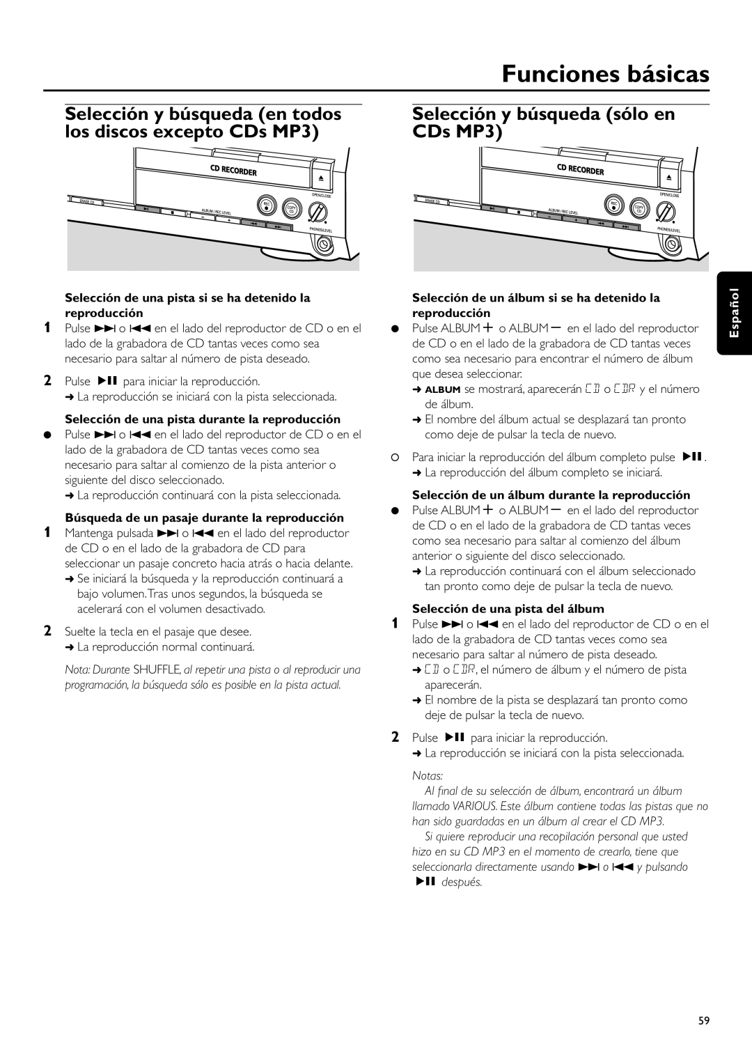 Philips CDR-795 manual Selección y búsqueda sólo en CDs MP3 