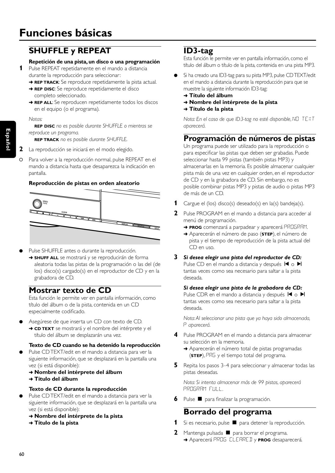 Philips CDR-795 Shuffle y Repeat, Mostrar texto de CD, ID3-tag, Programación de números de pistas, Borrado del programa 