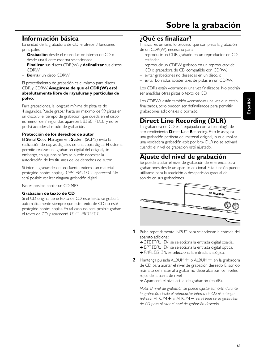 Philips CDR-795 manual Sobre la grabación, Información básica, ¿Qué es ﬁnalizar?, Ajuste del nivel de grabación 