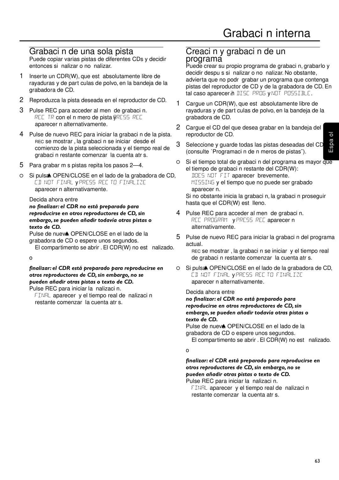 Philips CDR-795 manual Grabación de una sola pista, Creación y grabación de un programa 