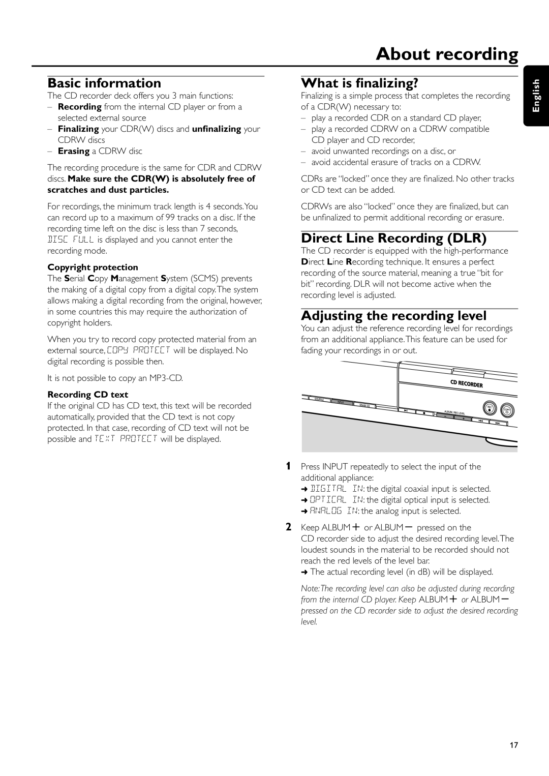 Philips CDR-795 About recording, Basic information, What is ﬁnalizing?, Direct Line Recording DLR, Copyright protection 