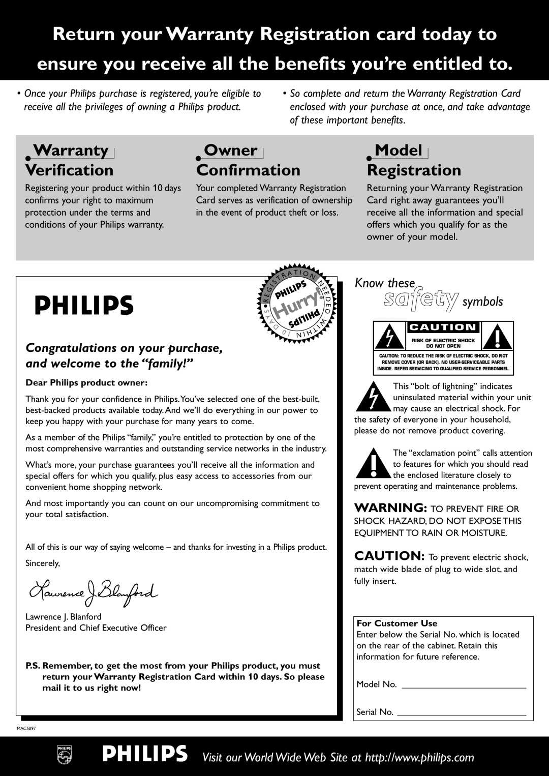 Philips CDR-795 manual Warranty Verification, Owner Confirmation, Model Registration, Hurry, Know these safety symbols 