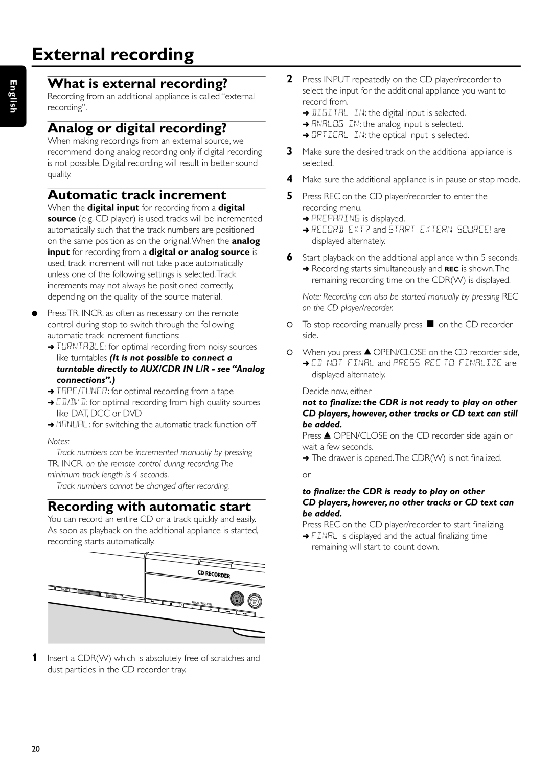 Philips CDR-795 External recording, What is external recording?, Analog or digital recording?, Automatic track increment 