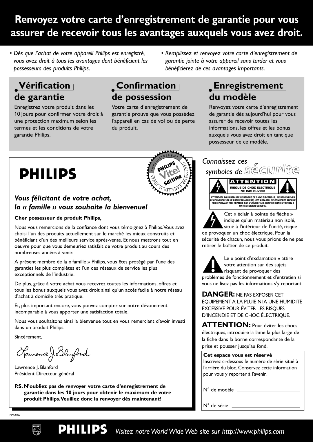 Philips CDR-795 manual Vérification de garantie, Confirmation de possession, Enregistrement du modèle, Vite 