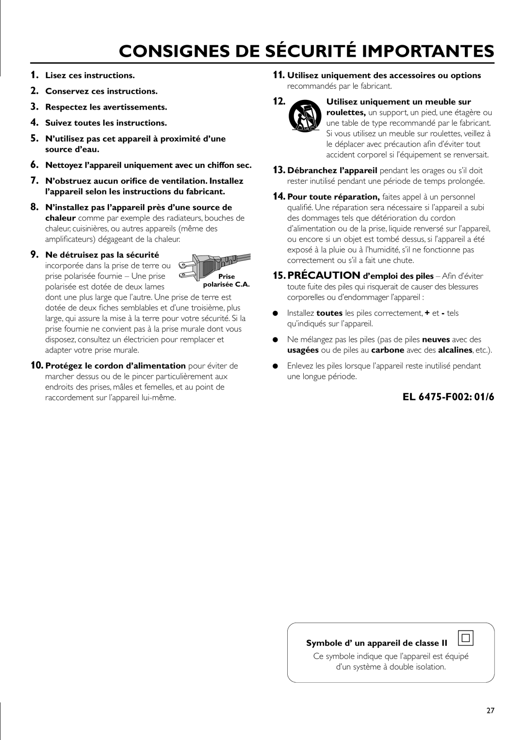 Philips CDR-795 Consignes De Sécurité Importantes, EL 6475-F002 01/6, Lisez ces instructions 2. Conservez ces instructions 
