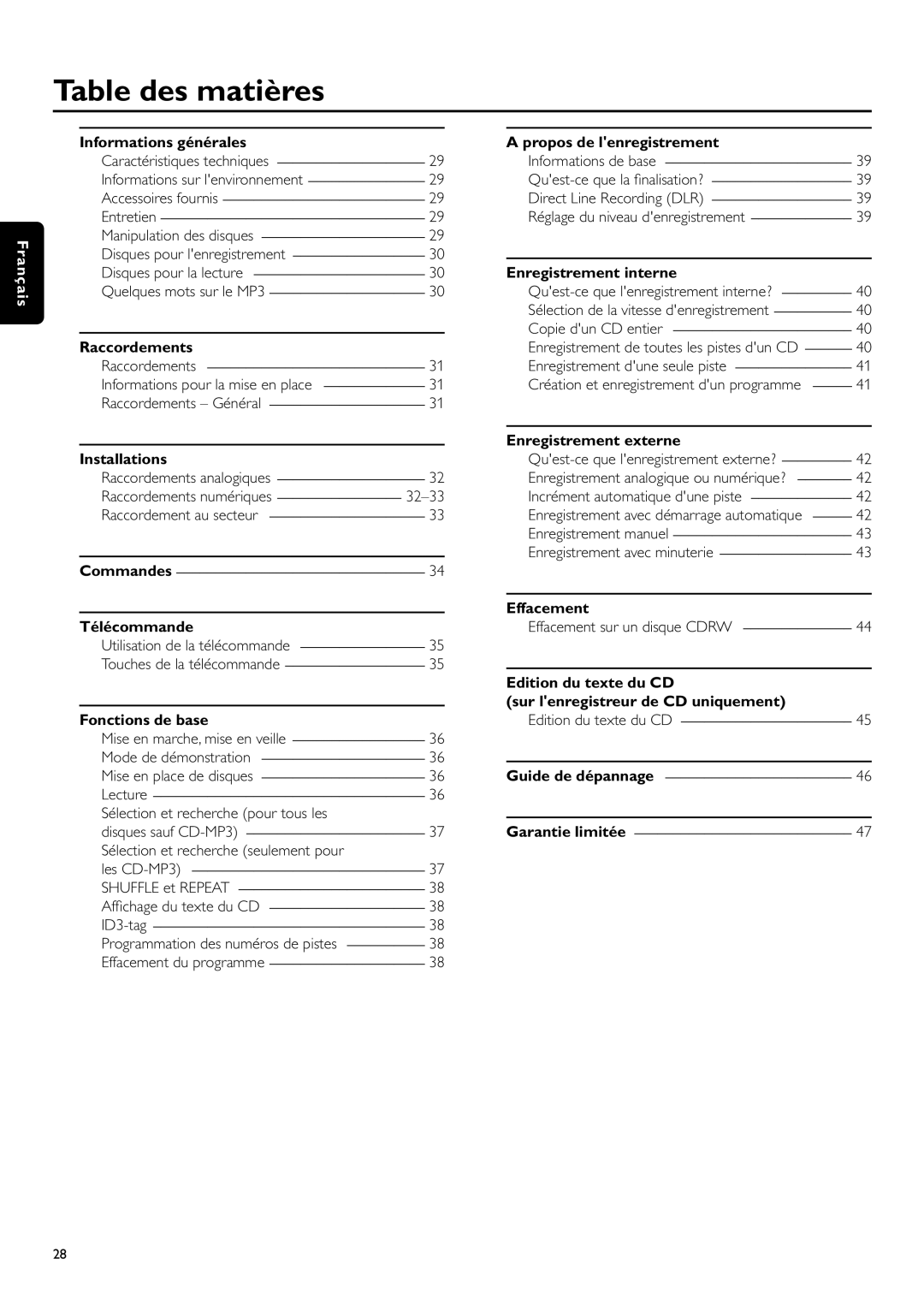 Philips CDR-795 manual Table des matières, Français, Informations générales, Raccordements, Installations, Télécommande 