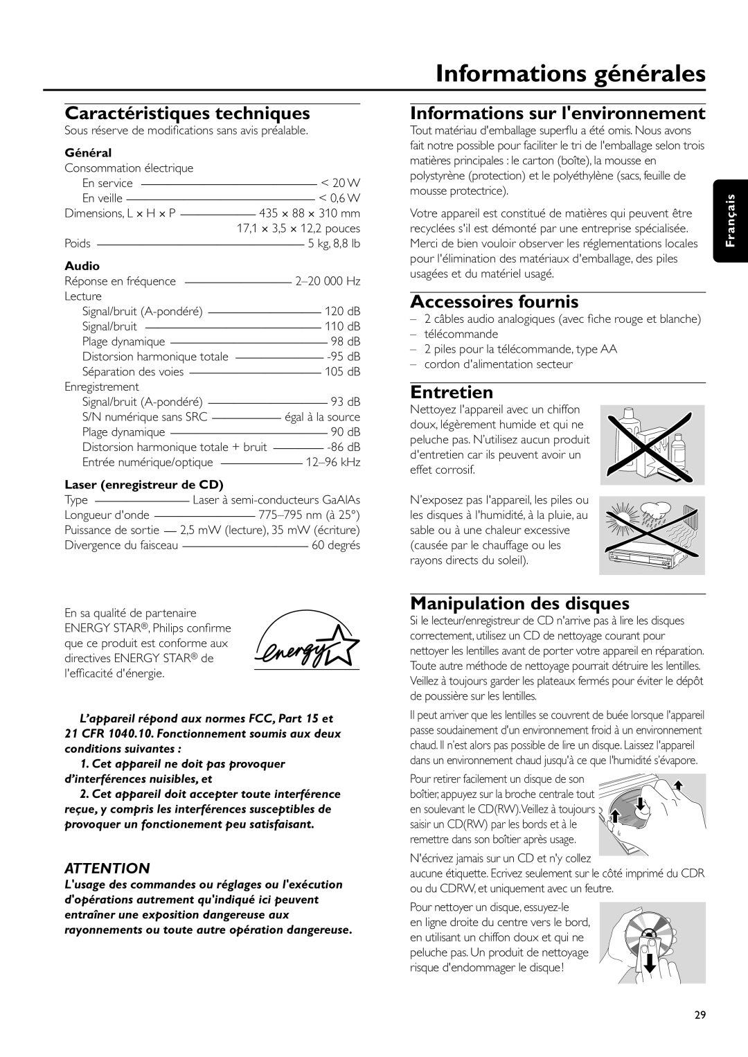 Philips CDR-795 Informations générales, Caractéristiques techniques, Informations sur lenvironnement, Accessoires fournis 