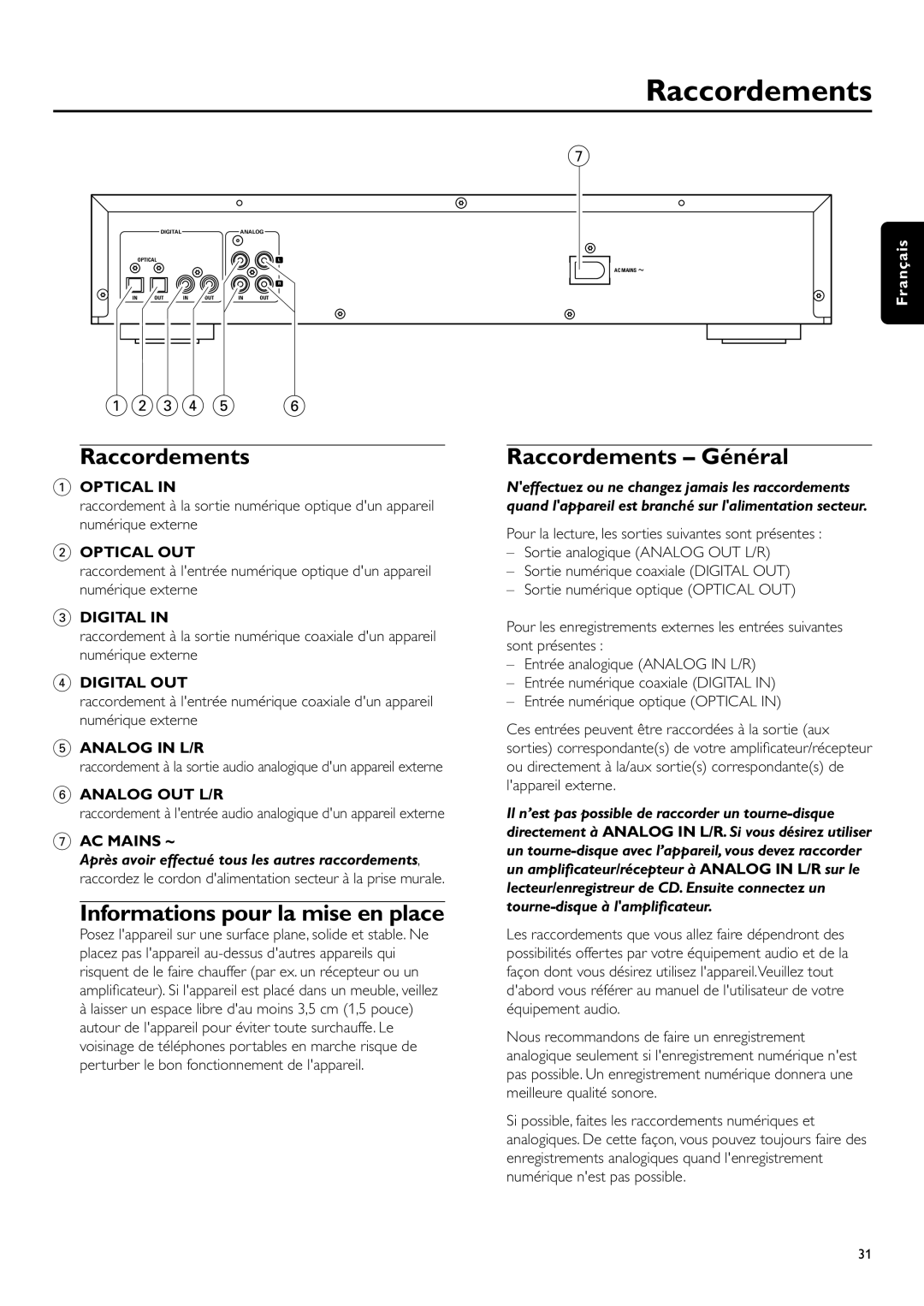Philips CDR-795 Informations pour la mise en place, Raccordements - Général, 1234, Français, Optical In, Optical Out 