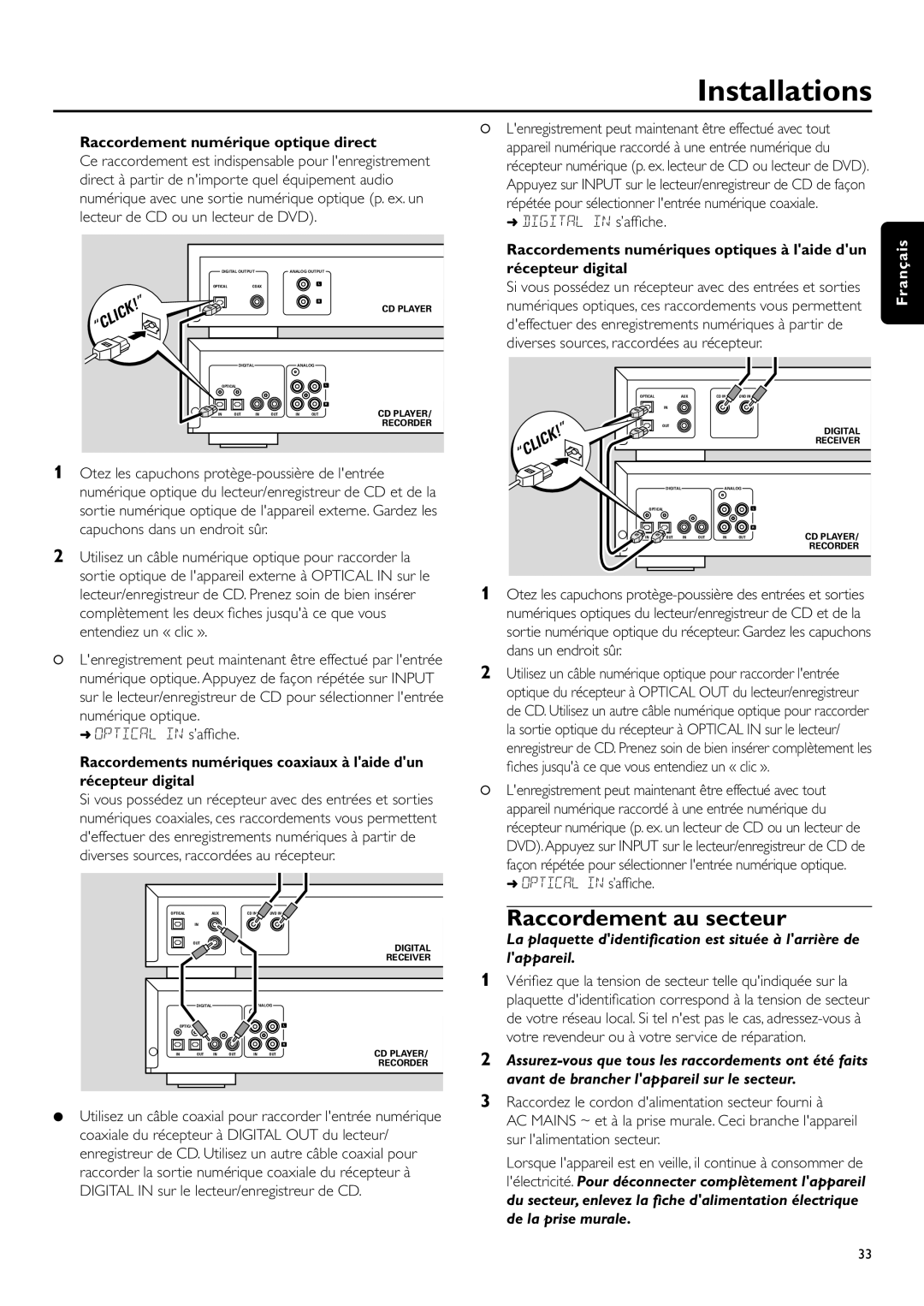 Philips CDR-795 manual Raccordement au secteur, Installations, Raccordement numérique optique direct, Click, Français 