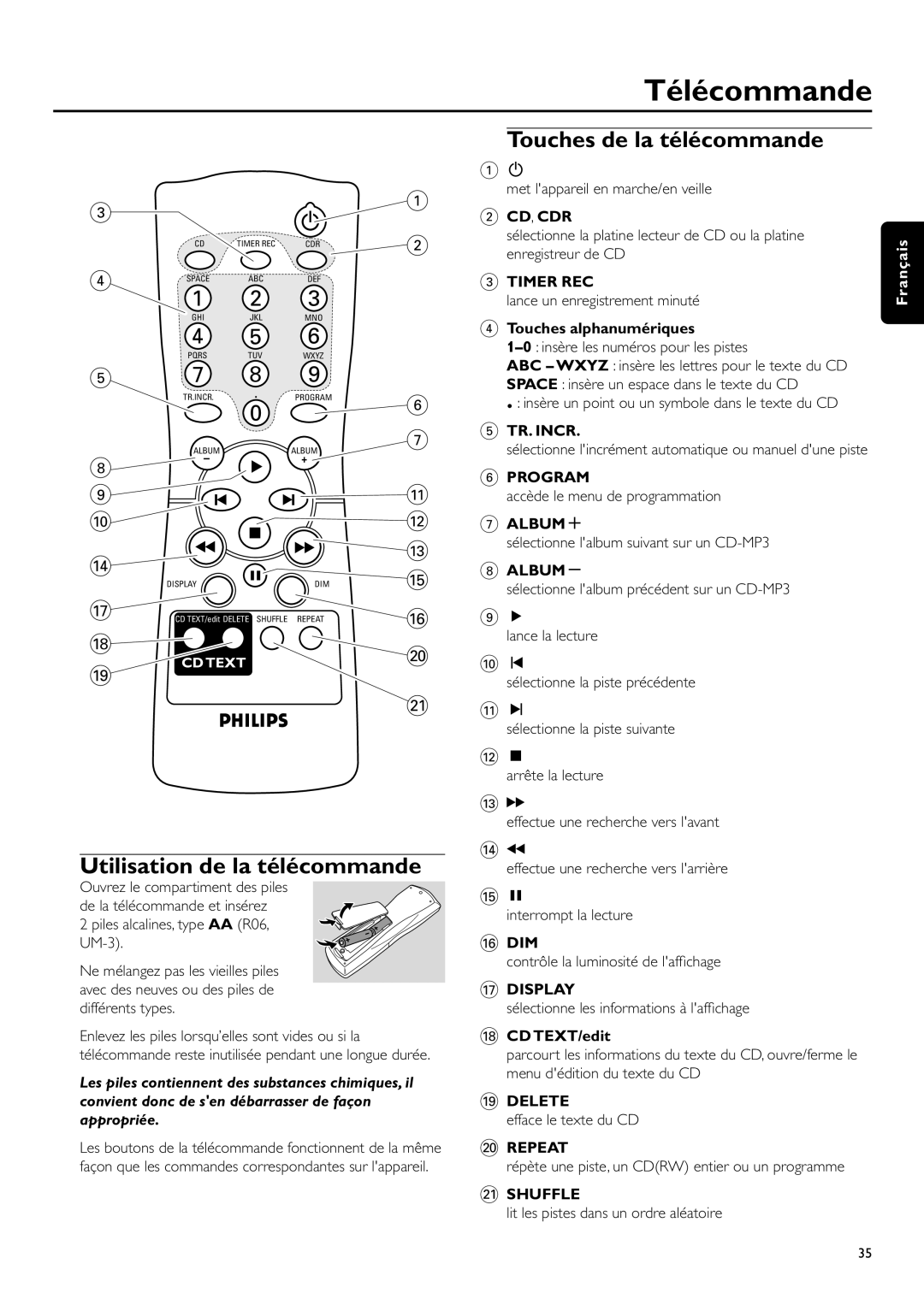 Philips CDR-795 Télécommande, Touches de la télécommande, Utilisation de la télécommande, 2 CD, CDR, appropriée, Timer Rec 