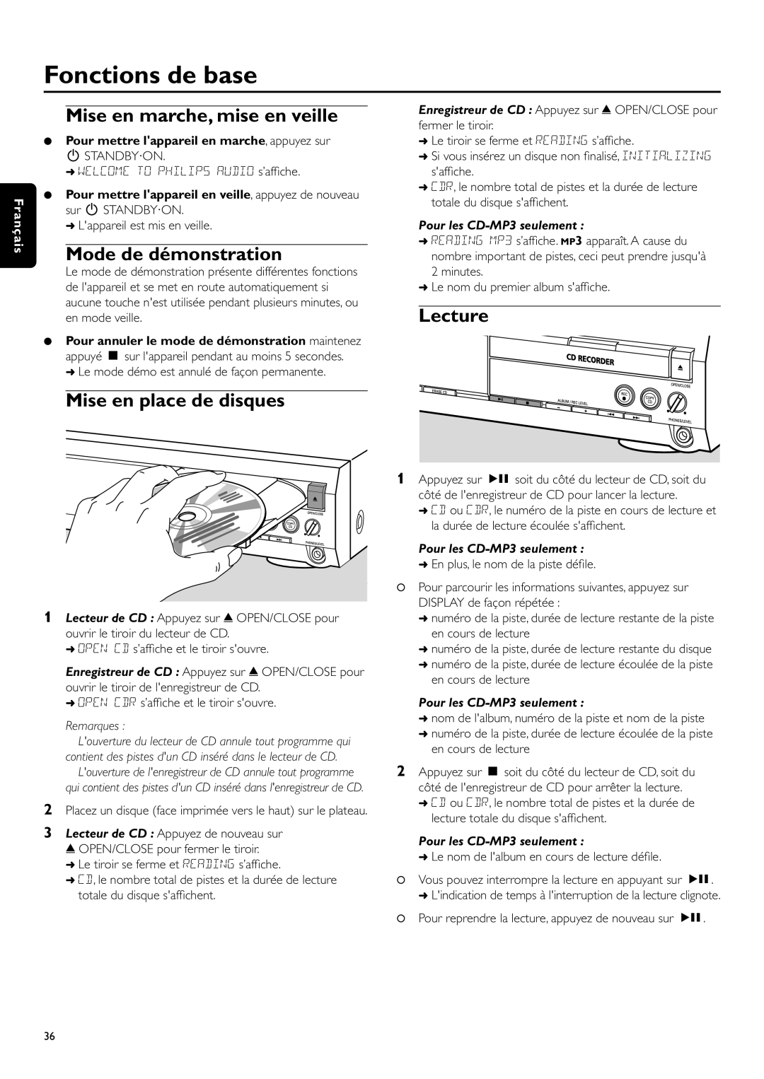 Philips CDR-795 manual Fonctions de base, Mise en marche, mise en veille, Mode de démonstration, Mise en place de disques 