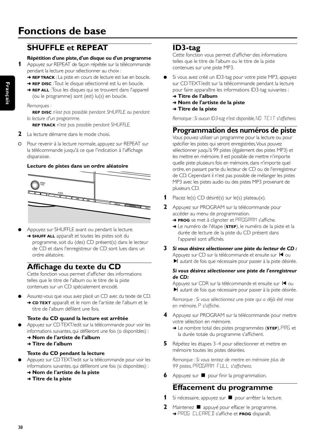 Philips CDR-795 manual SHUFFLE et REPEAT, Afﬁchage du texte du CD, Fonctions de base, Français, Remarques 