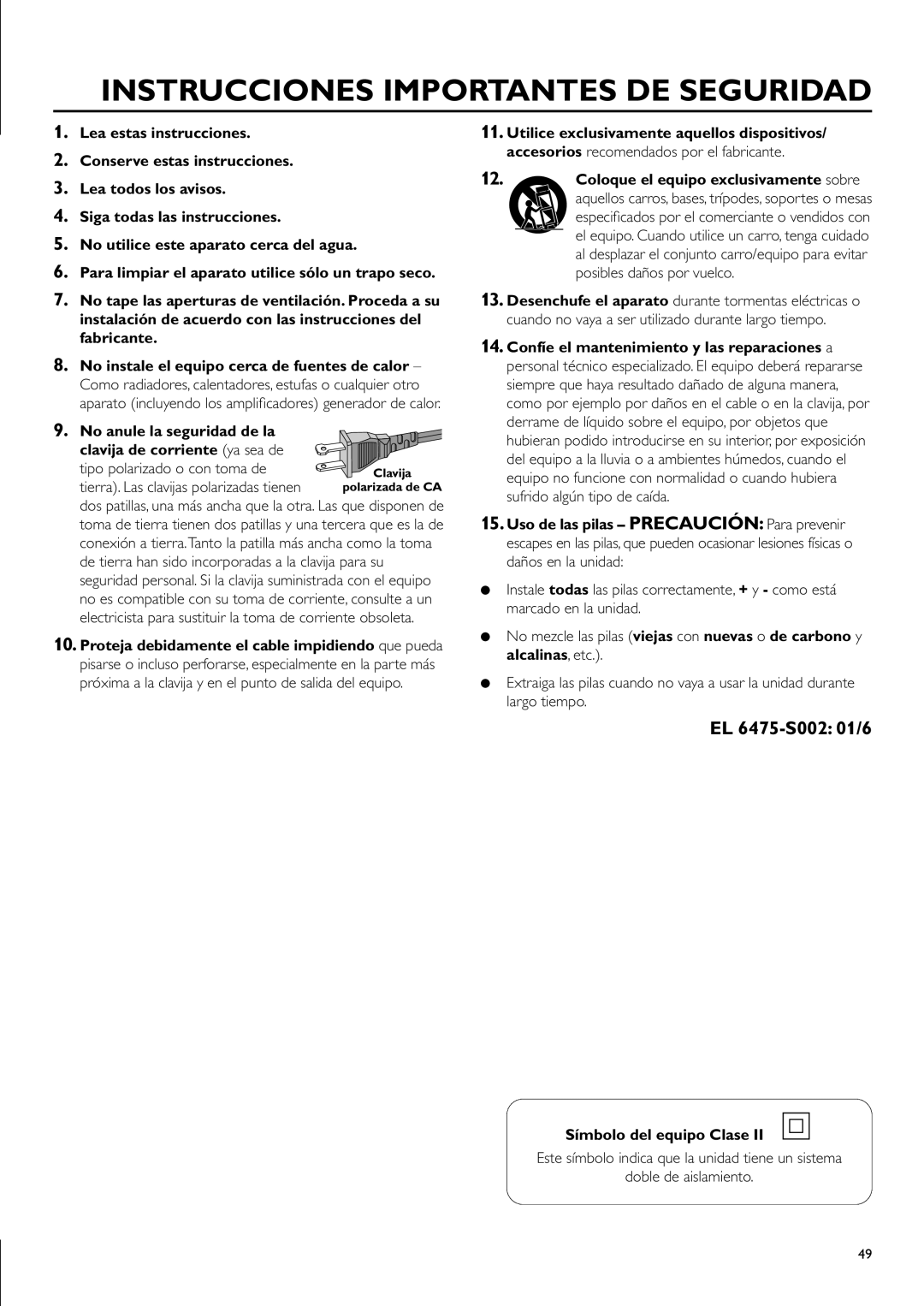 Philips CDR-795 manual Instrucciones Importantes De Seguridad, EL 6475-S002 01/6, No utilice este aparato cerca del agua 