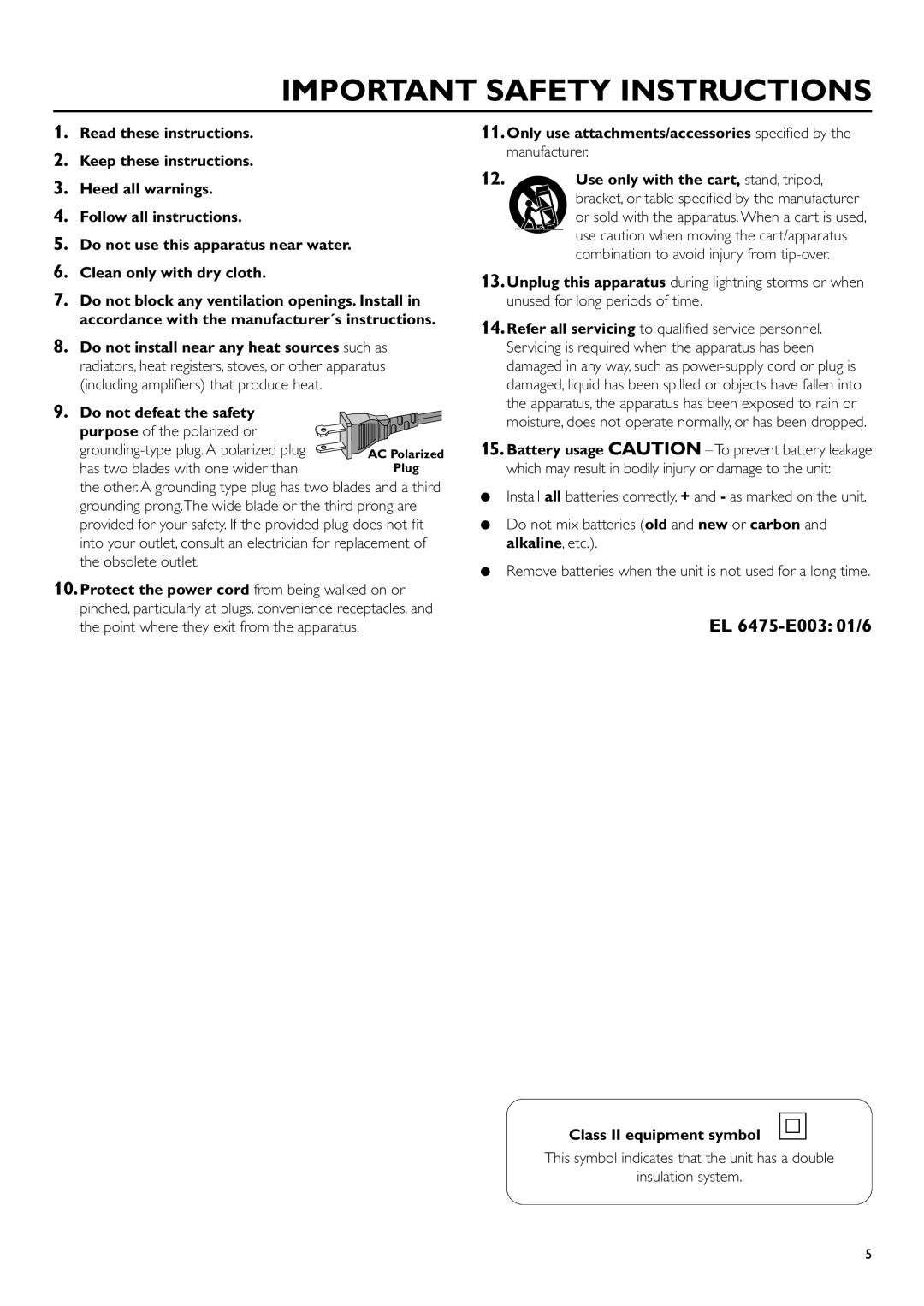 Philips CDR-795 manual Important Safety Instructions, EL 6475-E003 01/6, Read these instructions 2. Keep these instructions 