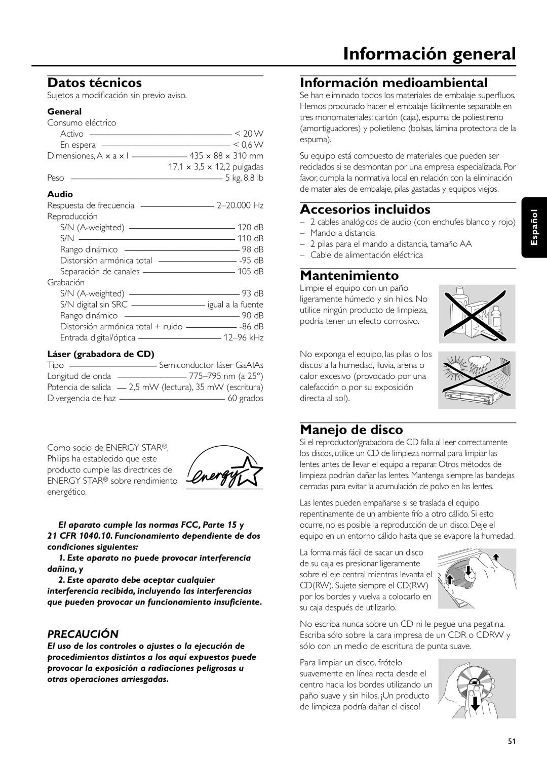 Philips CDR-795 manual Información general, Datos técnicos, Información medioambiental, Accesorios incluidos, Mantenimiento 