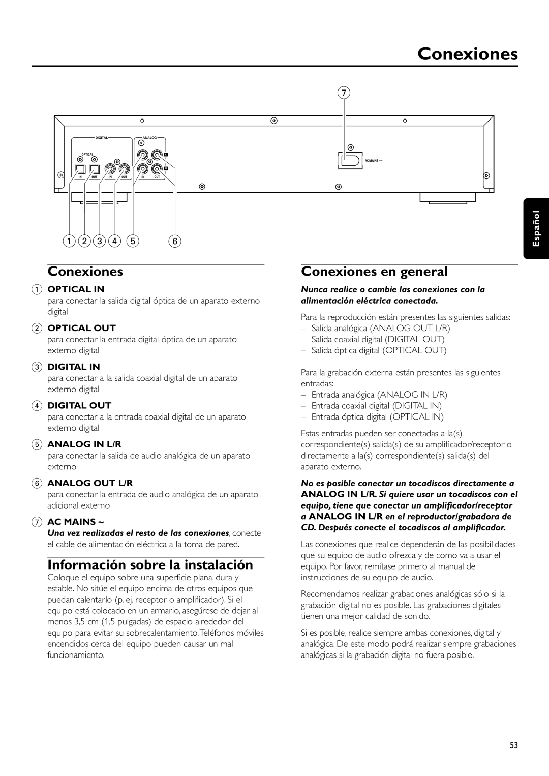 Philips CDR-795 Información sobre la instalación, Conexiones en general, 1234, Optical In, Optical Out, Digital In 