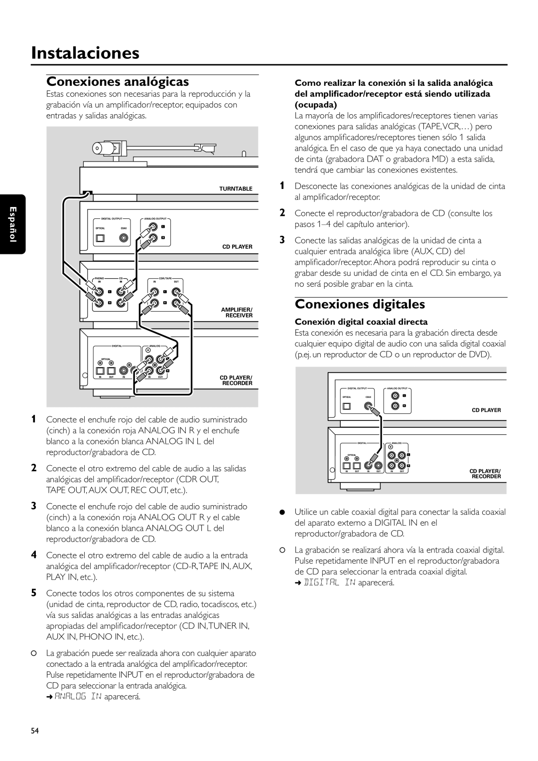 Philips CDR-795 Instalaciones, Conexiones analógicas, Conexiones digitales, Español, Conexión digital coaxial directa 