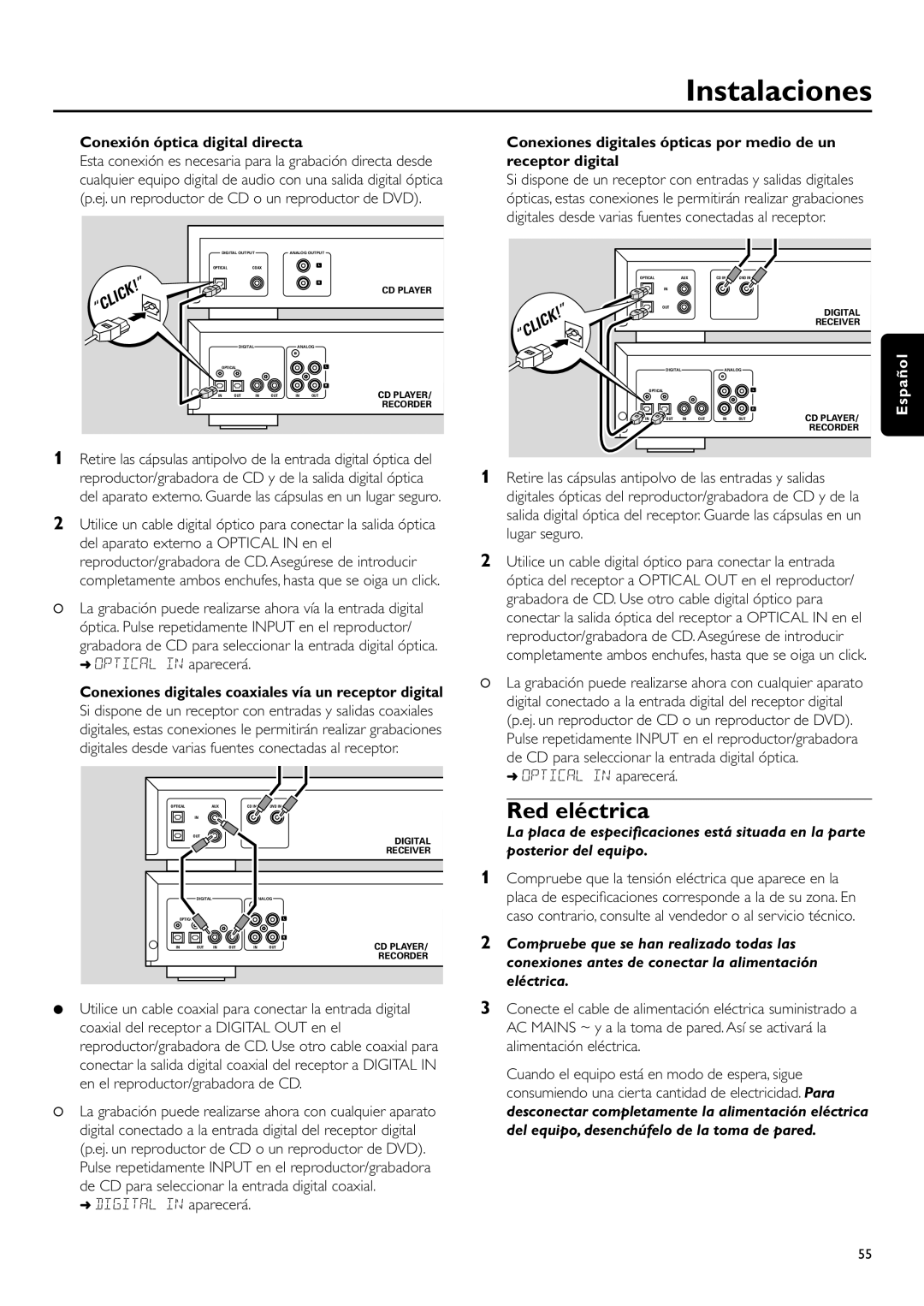 Philips CDR-795 manual Red eléctrica, Instalaciones, Conexión óptica digital directa, Click 