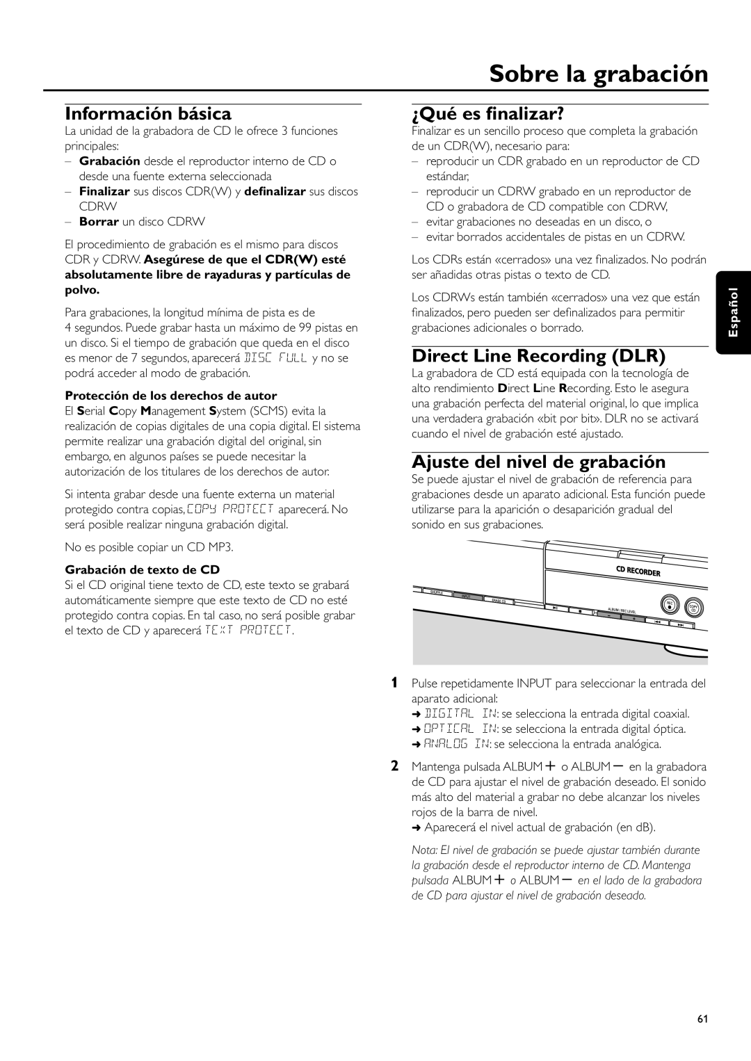 Philips CDR-795 manual Sobre la grabación, Información básica, ¿Qué es ﬁnalizar?, Ajuste del nivel de grabación, Español 