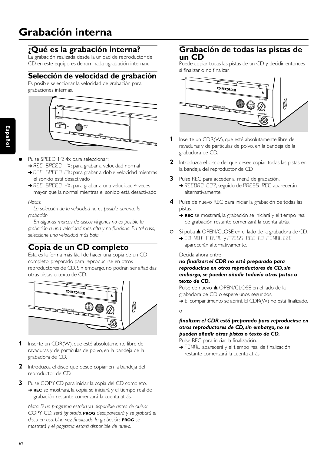 Philips CDR-795 manual Grabación interna, ¿Qué es la grabación interna?, Copia de un CD completo, Español 