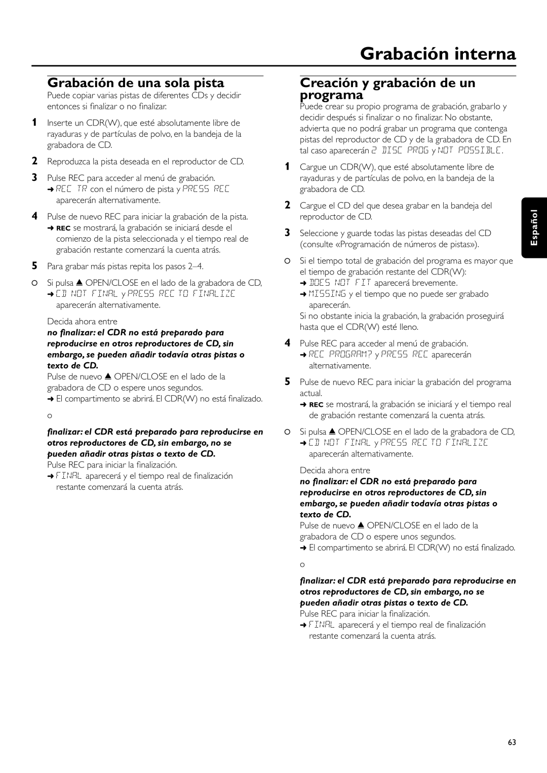 Philips CDR-795 manual Grabación de una sola pista, Creación y grabación de un programa, Grabación interna, Español 