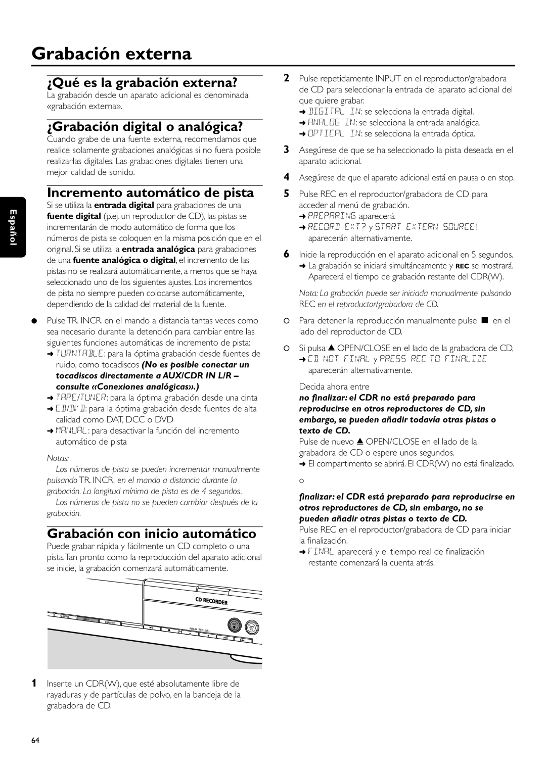 Philips CDR-795 manual Grabación externa, ¿Qué es la grabación externa?, ¿Grabación digital o analógica?, Español, Notas 