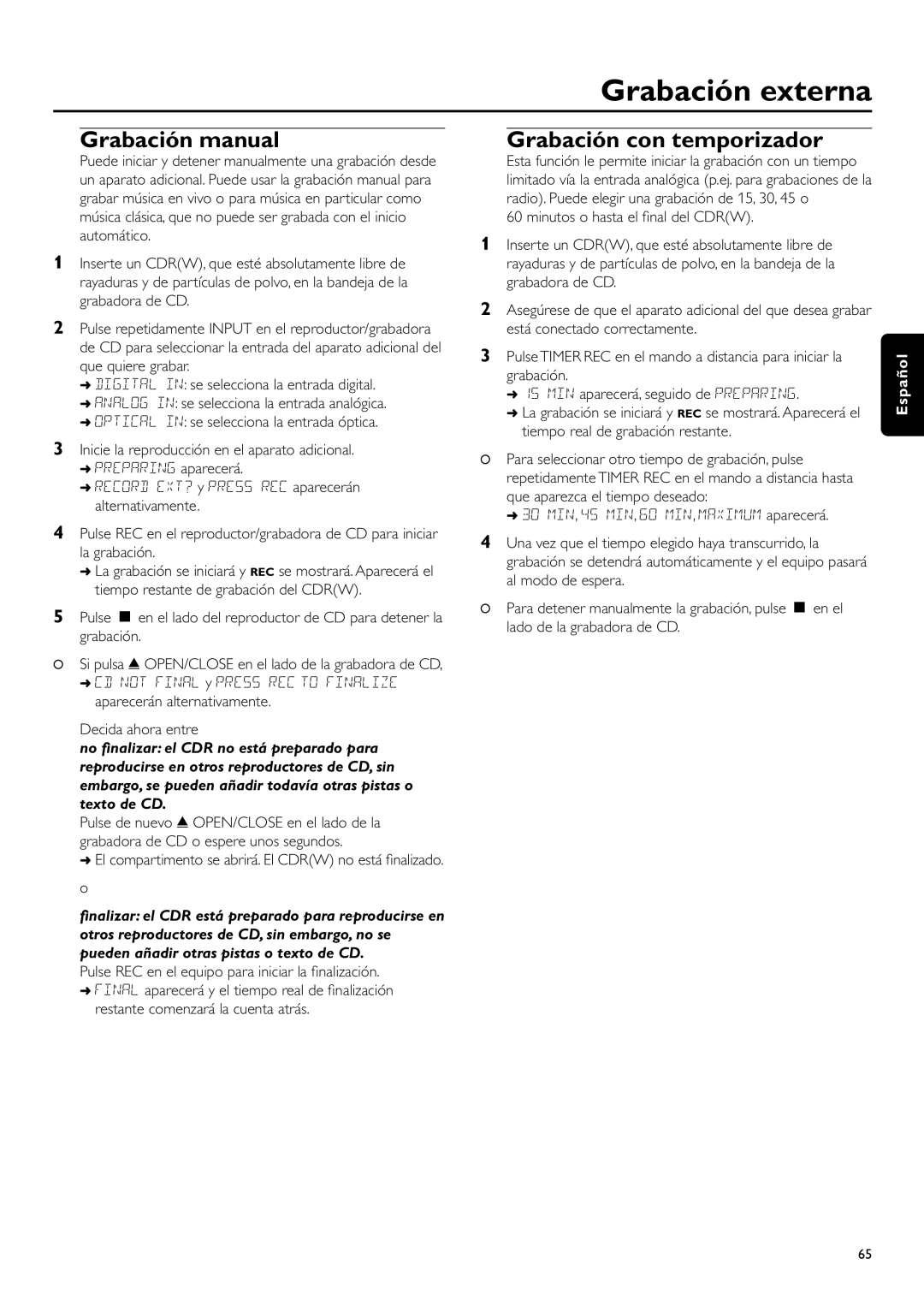Philips CDR-795 Grabación manual, Grabación con temporizador, Grabación externa, Español 