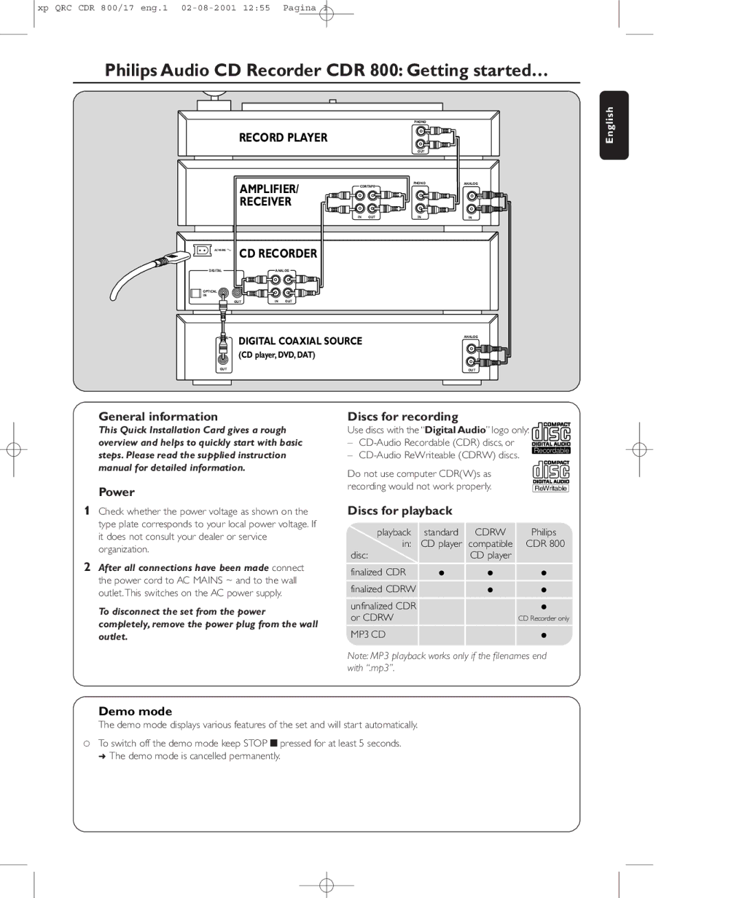 Philips CDR 800/17 instruction manual General information Power, Discs for recording, Discs for playback, Demo mode 