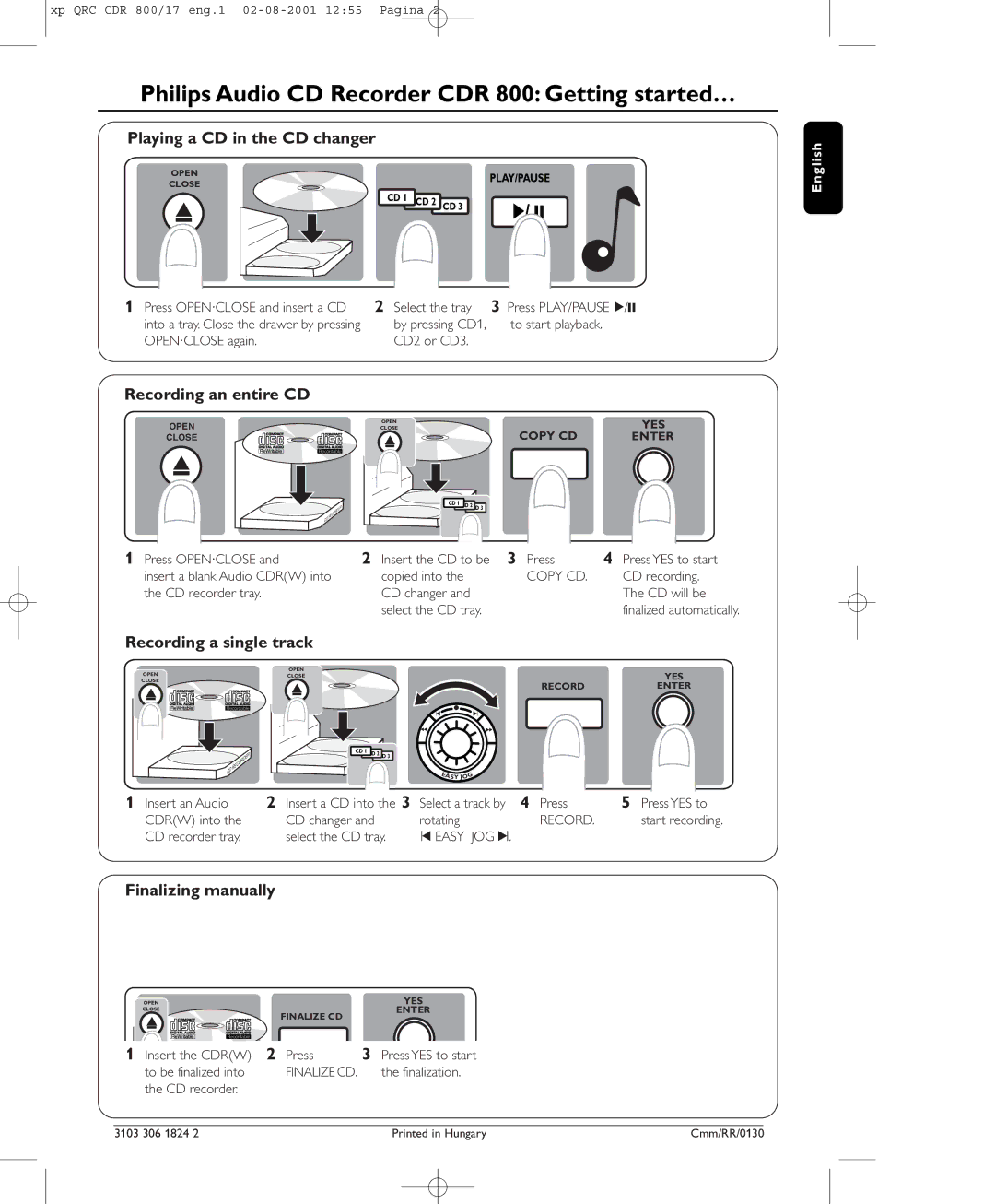 Philips CDR 800/17 Playing a CD in the CD changer, Recording an entire CD, Recording a single track, Finalizing manually 