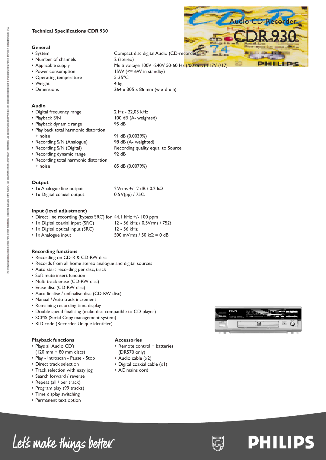 Philips CDR 930 manual Technical Specifications CDR General, Audio, Output, Input level adjustment, Recording functions 