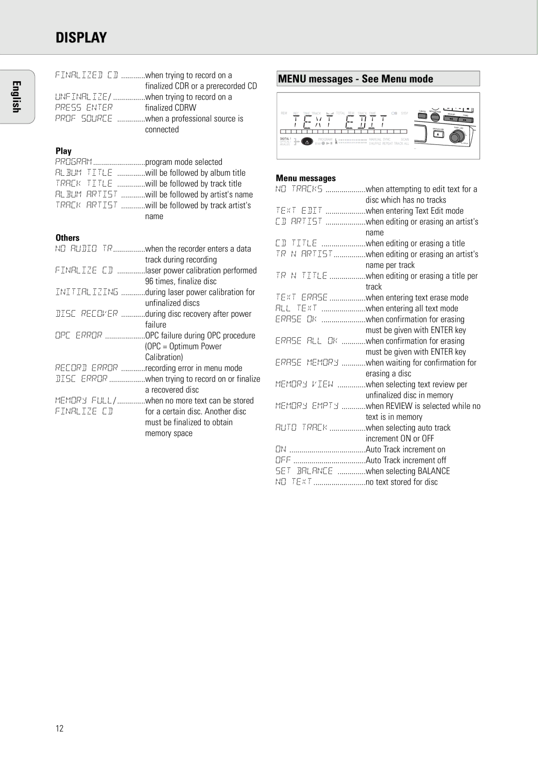 Philips CDR570 manual Menu messages See Menu mode 