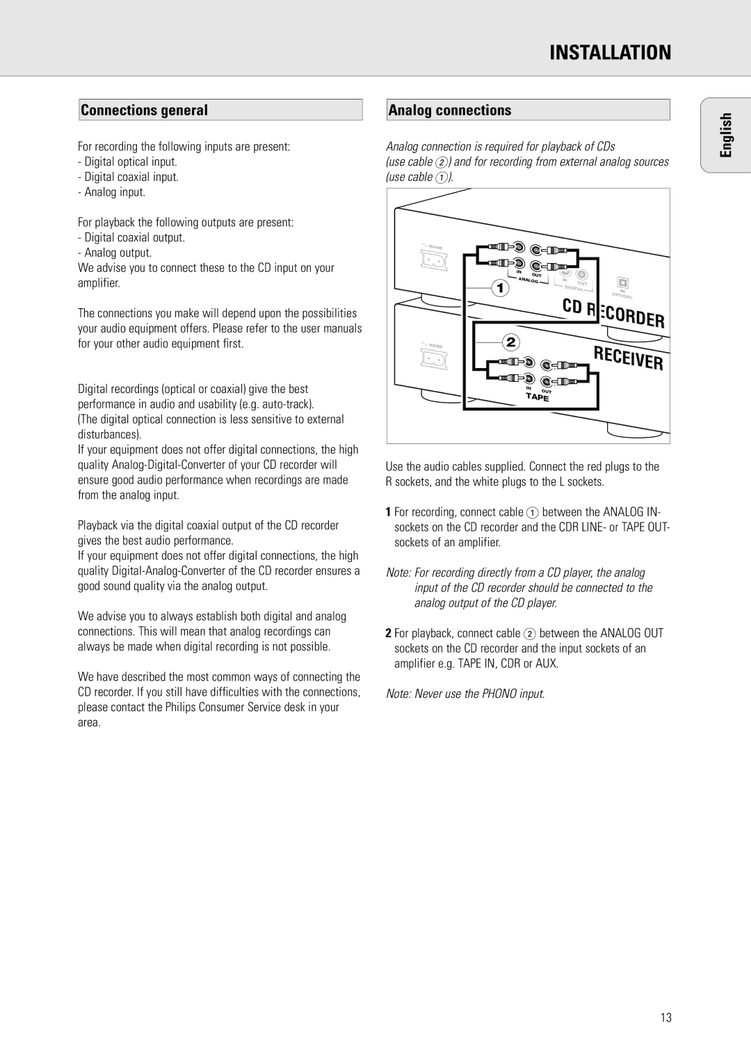 Philips CDR570 manual Installation, Connections general, Analog connections 