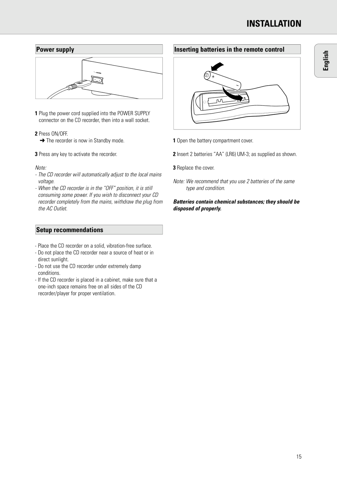 Philips CDR570 manual Power supply, Setup recommendations, Inserting batteries in the remote control 