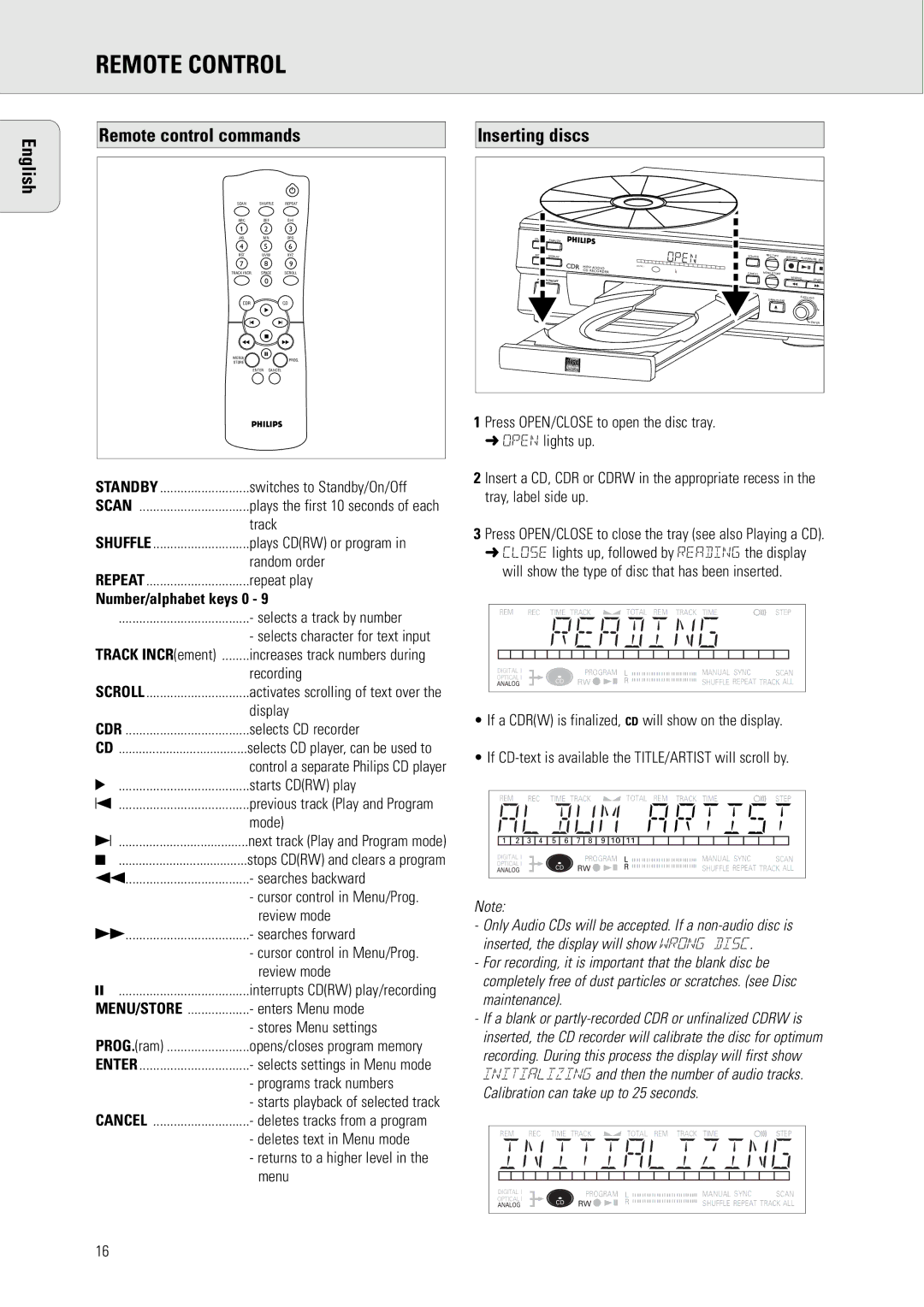 Philips CDR570 Remote Control, English Remote control commands, Inserting discs, Number/alphabet keys 0, Track INCRement 