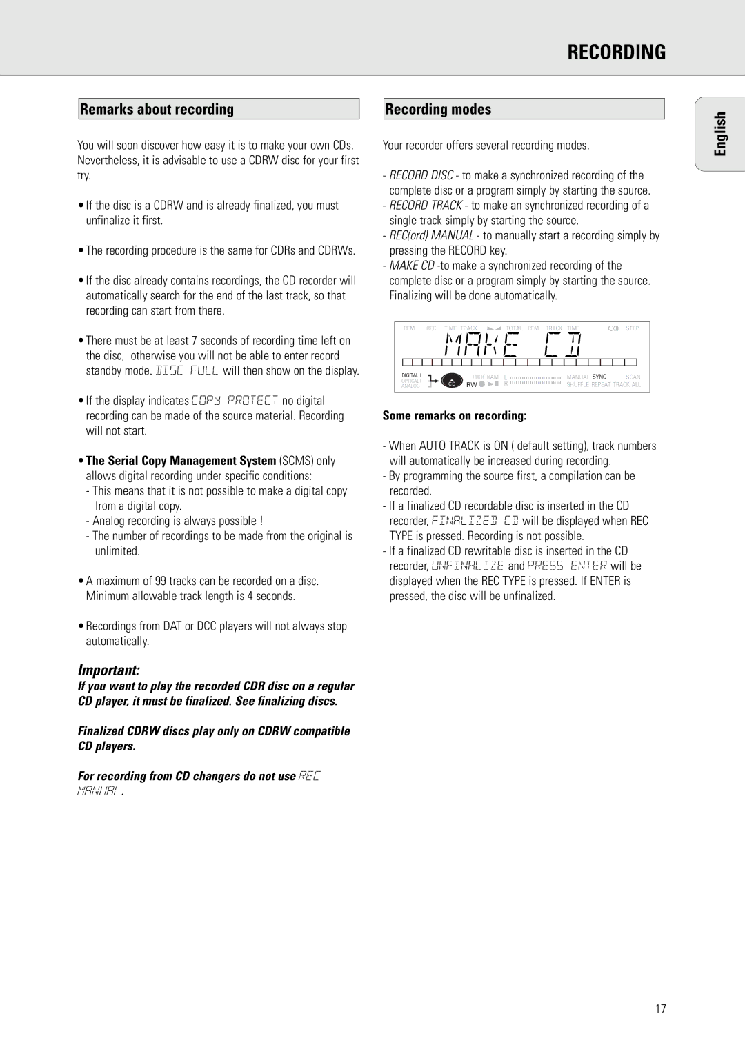 Philips CDR570 manual Remarks about recording, Recording modes, Your recorder offers several recording modes 