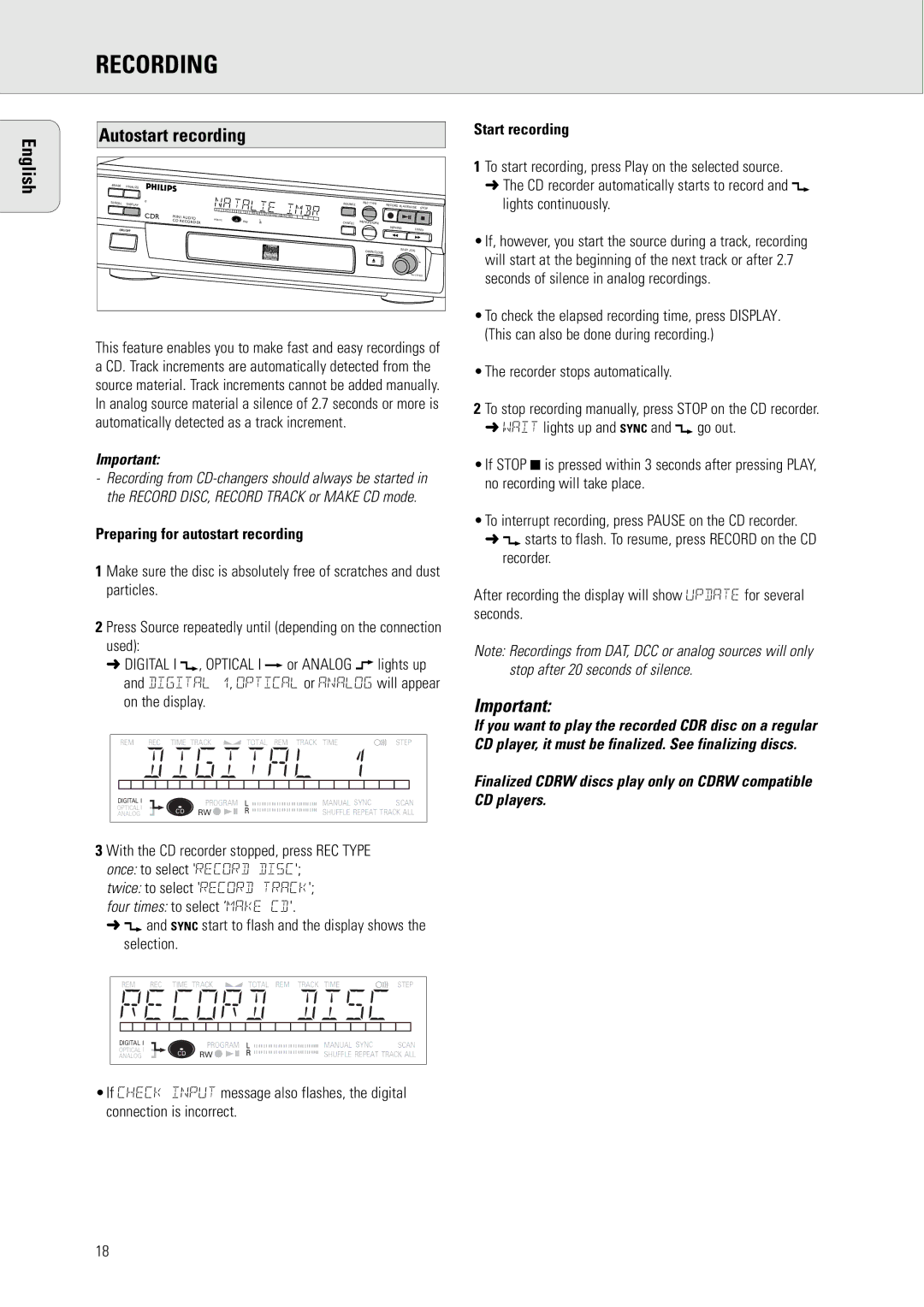 Philips CDR570 manual English Autostart recording, Preparing for autostart recording, Start recording 