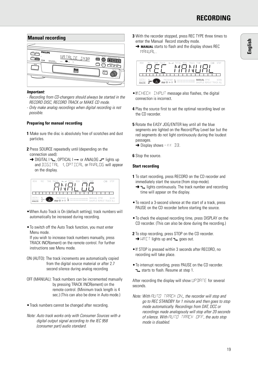 Philips CDR570 Manual recording, Manual starts to flash and the display shows REC Manual, Preparing for manual recording 