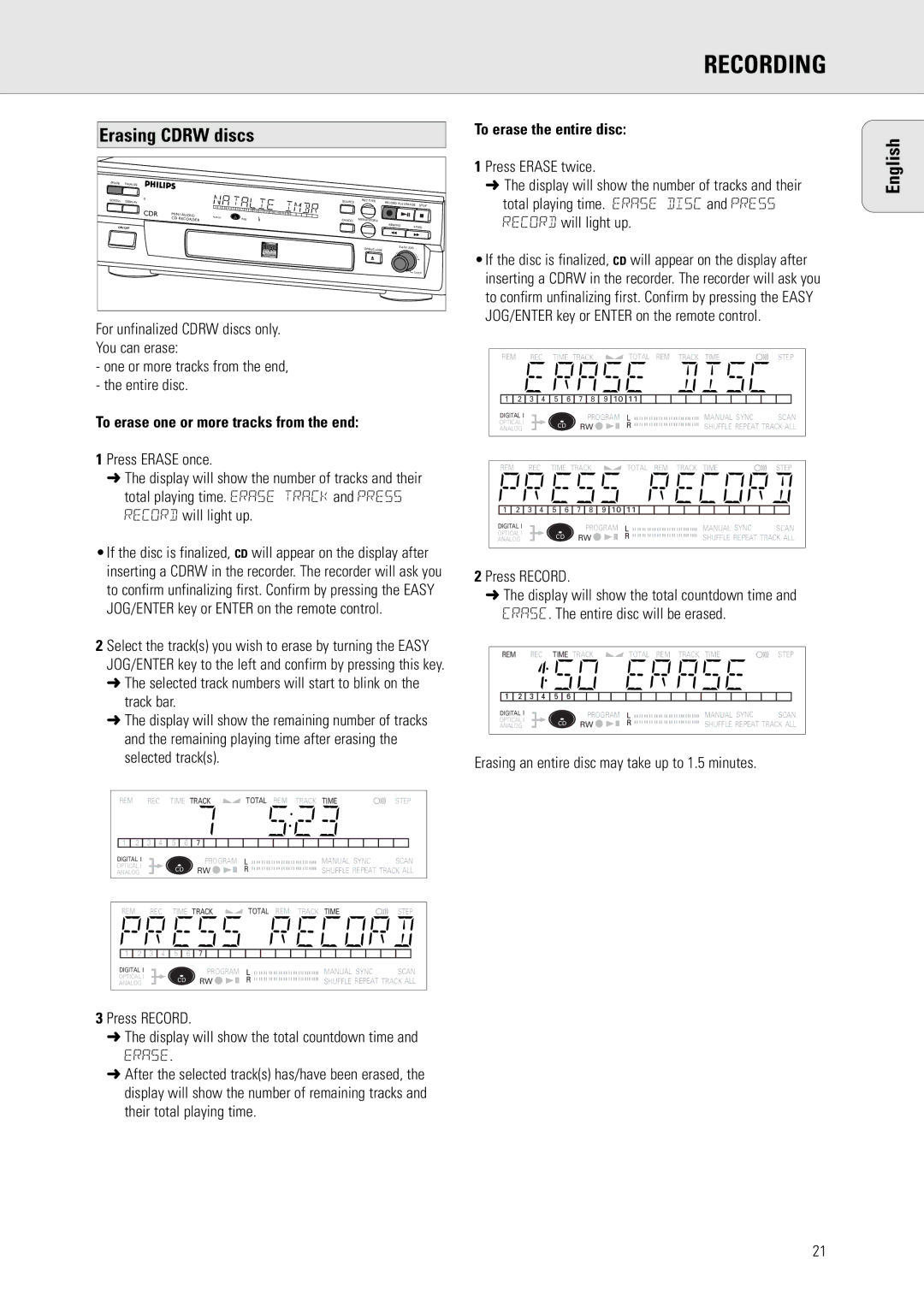 Philips CDR570 manual Erasing Cdrw discs, To erase one or more tracks from the end, To erase the entire disc 