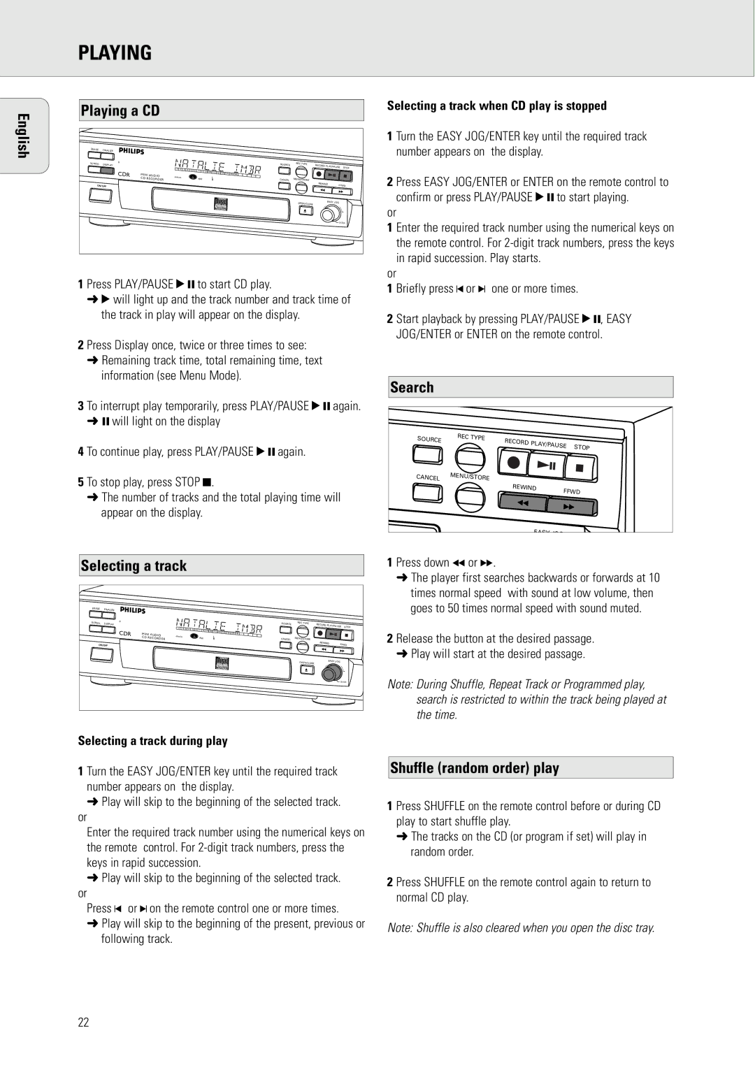 Philips CDR570 manual Playing a CD, Selecting a track, Search, Shuffle random order play 